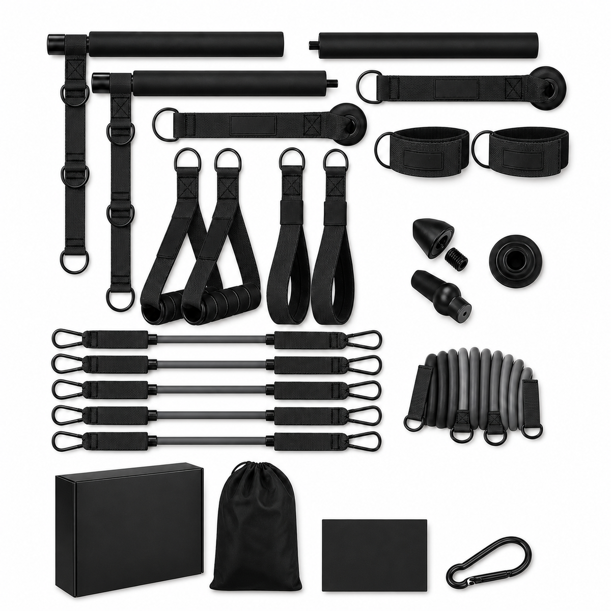 Black Pilates bar kit flatlay