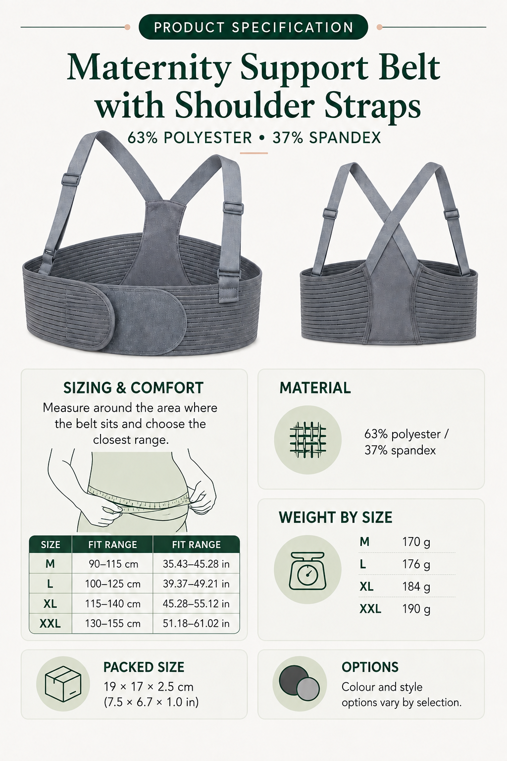 Maternity Support Belt with Shoulder Straps — size guide and product specifications