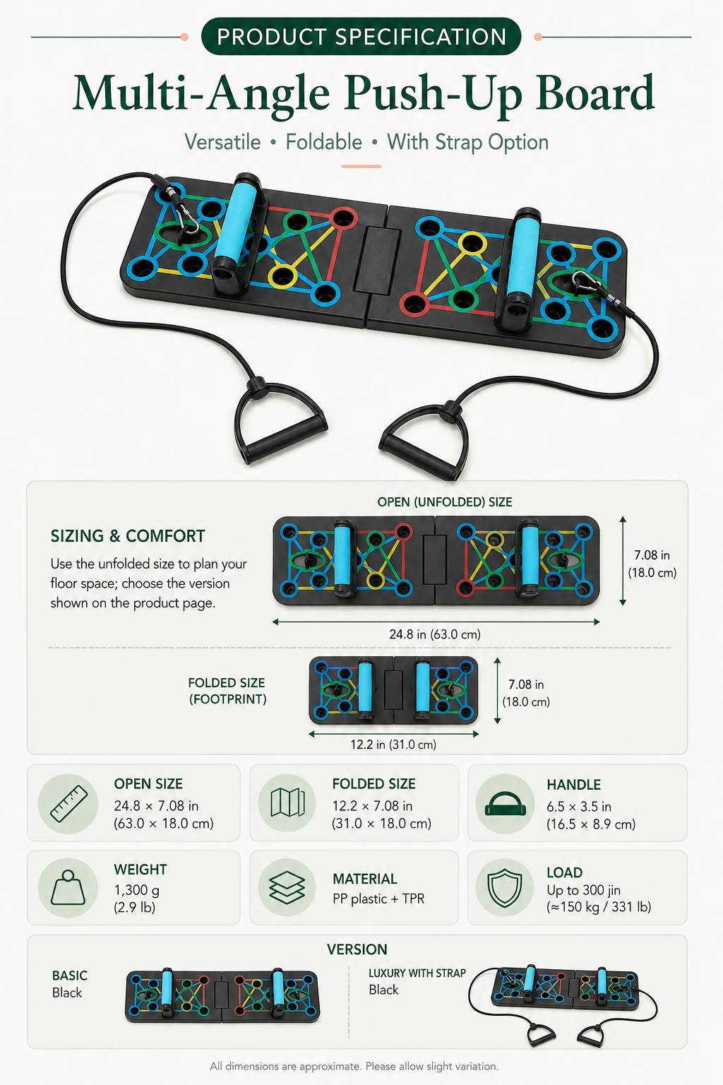 Multi-Angle Push-Up Board — product specifications and sizing