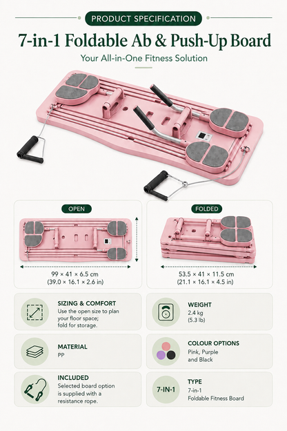 7-in-1 Foldable Ab & Push-Up Board — product specifications and sizing
