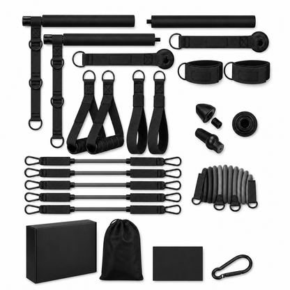Black Pilates bar kit flatlay