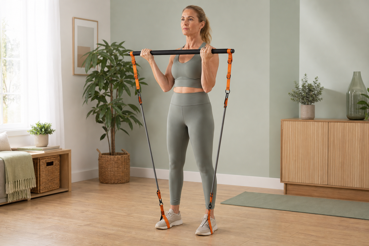 Woman using orange Pilates bar at home