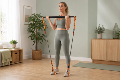 Woman using orange Pilates bar at home