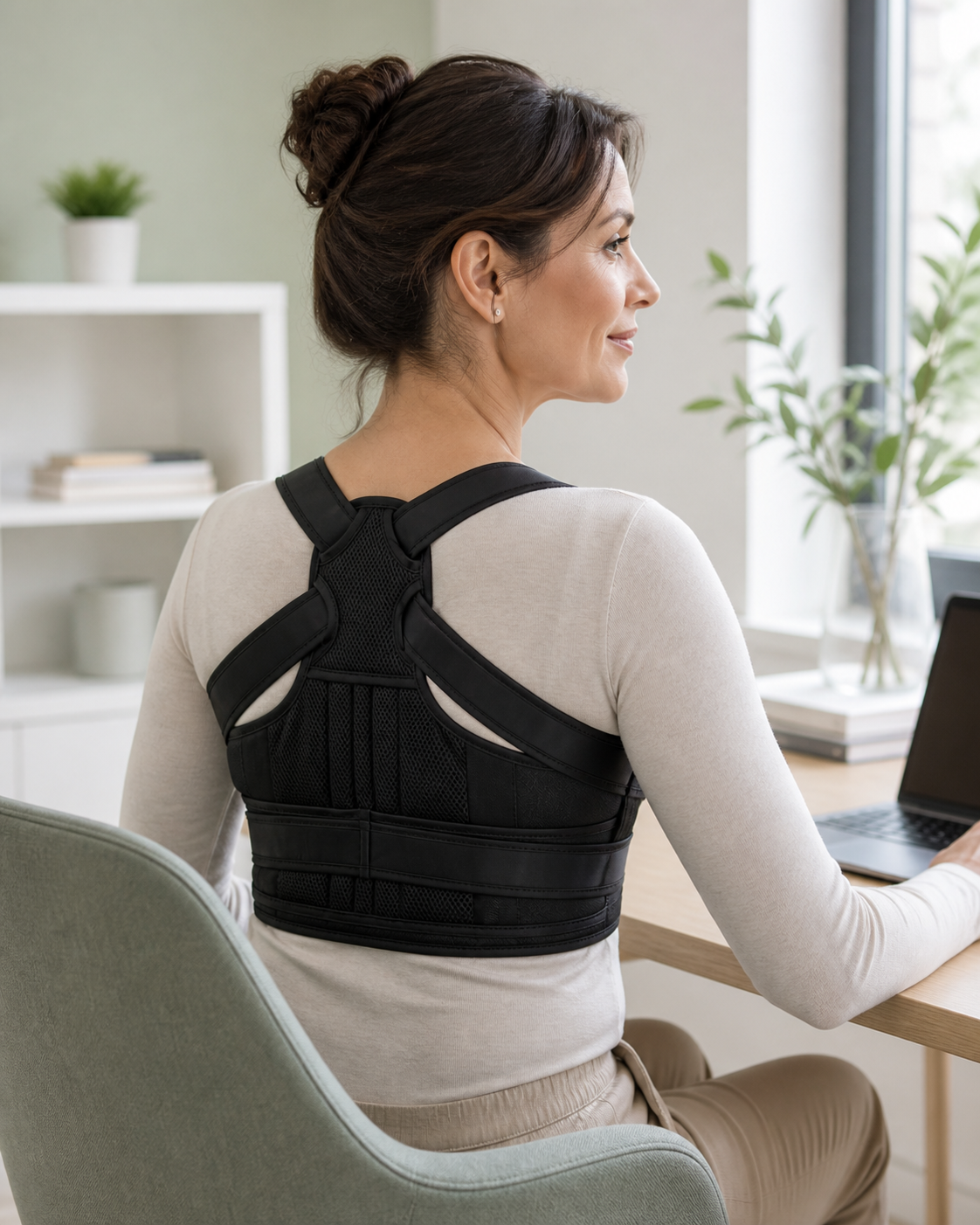 Woman wearing black posture support strap from the back