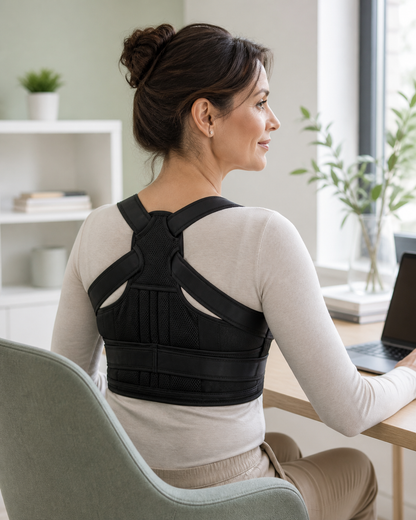 Woman wearing black posture support strap from the back