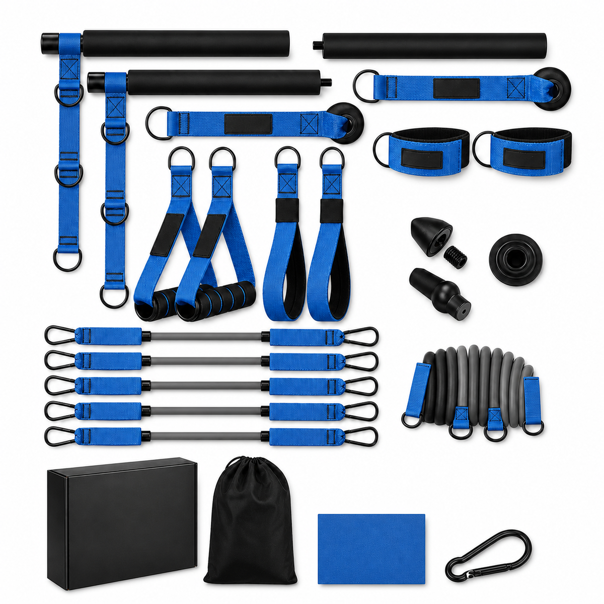 Blue Pilates bar kit flatlay