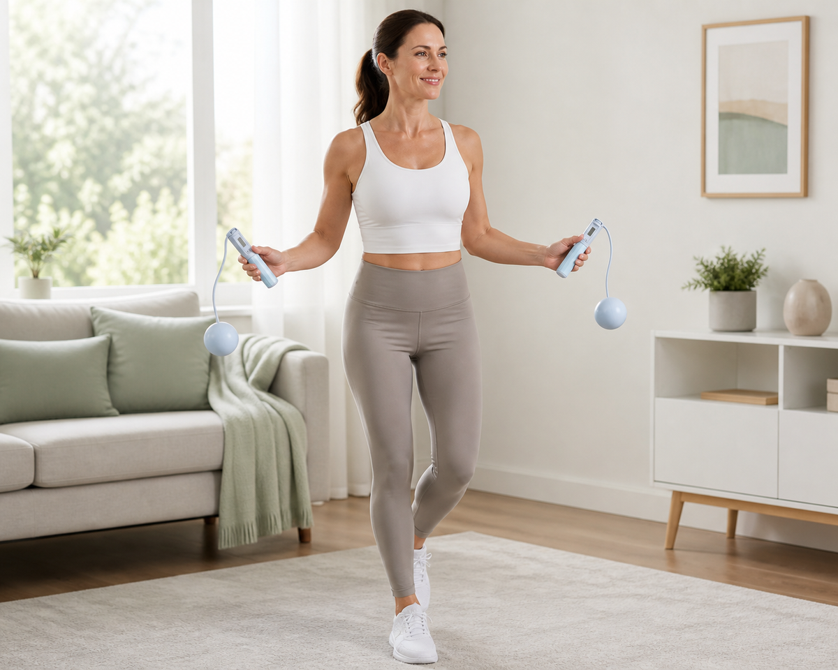 Woman using light blue cordless jump rope at home
