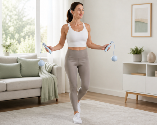 Woman using light blue cordless jump rope at home