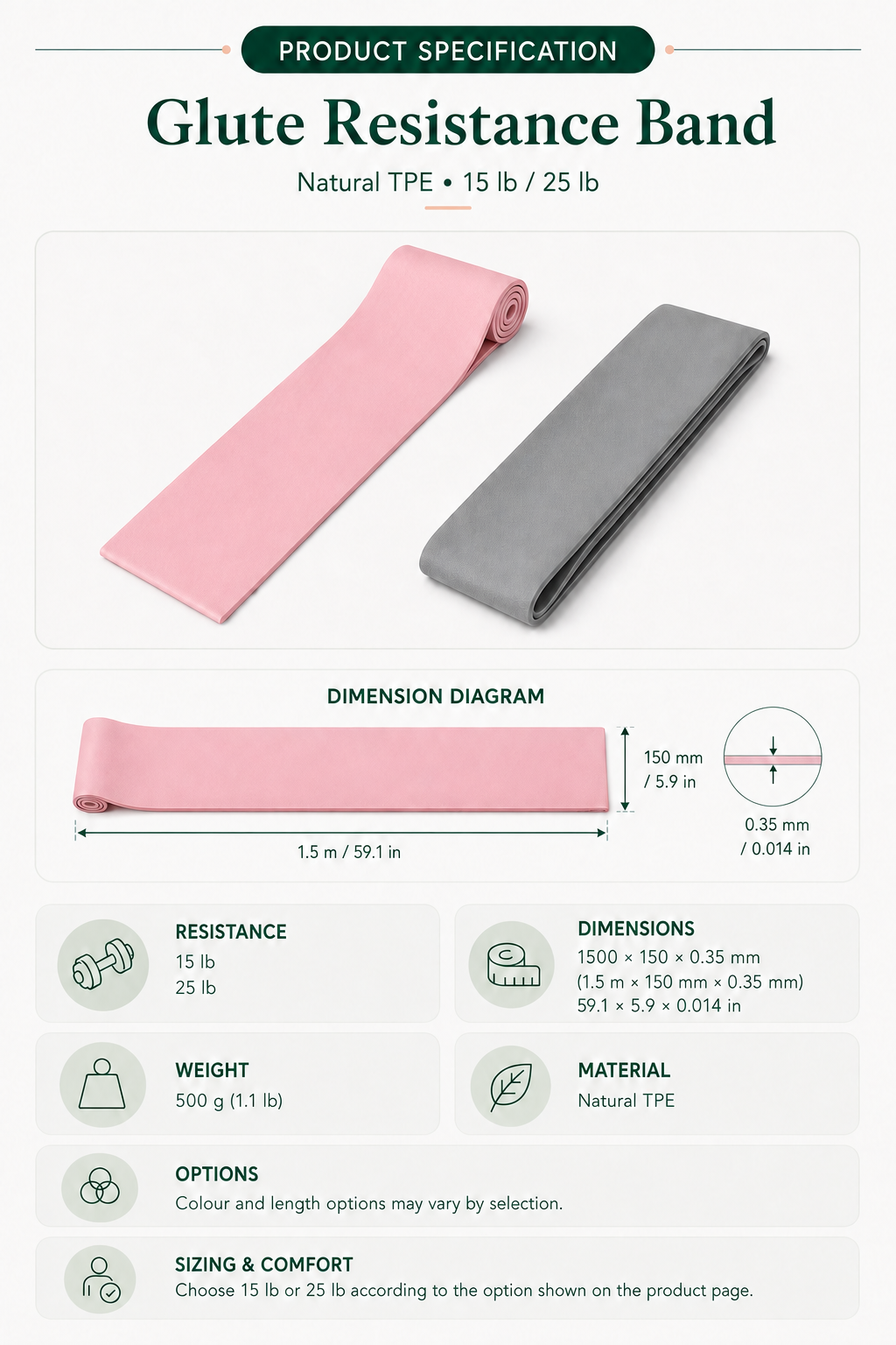Glute Resistance Band Set — product specifications and sizing