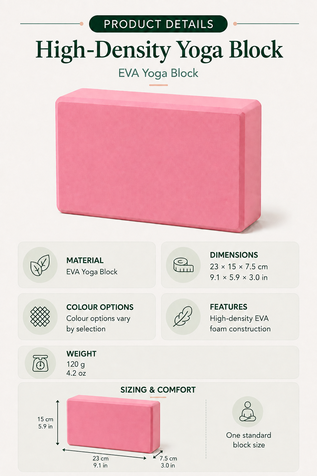 High-Density Yoga Block — product specifications and sizing