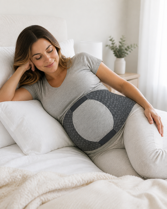 Pregnant woman resting on her side wearing the Posimint maternity belly support band