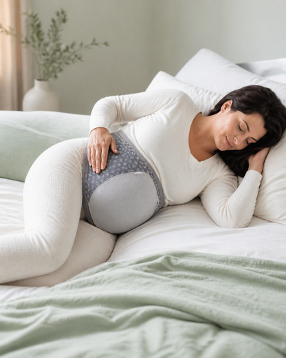 Pregnant woman resting on her side wearing the maternity belly support band