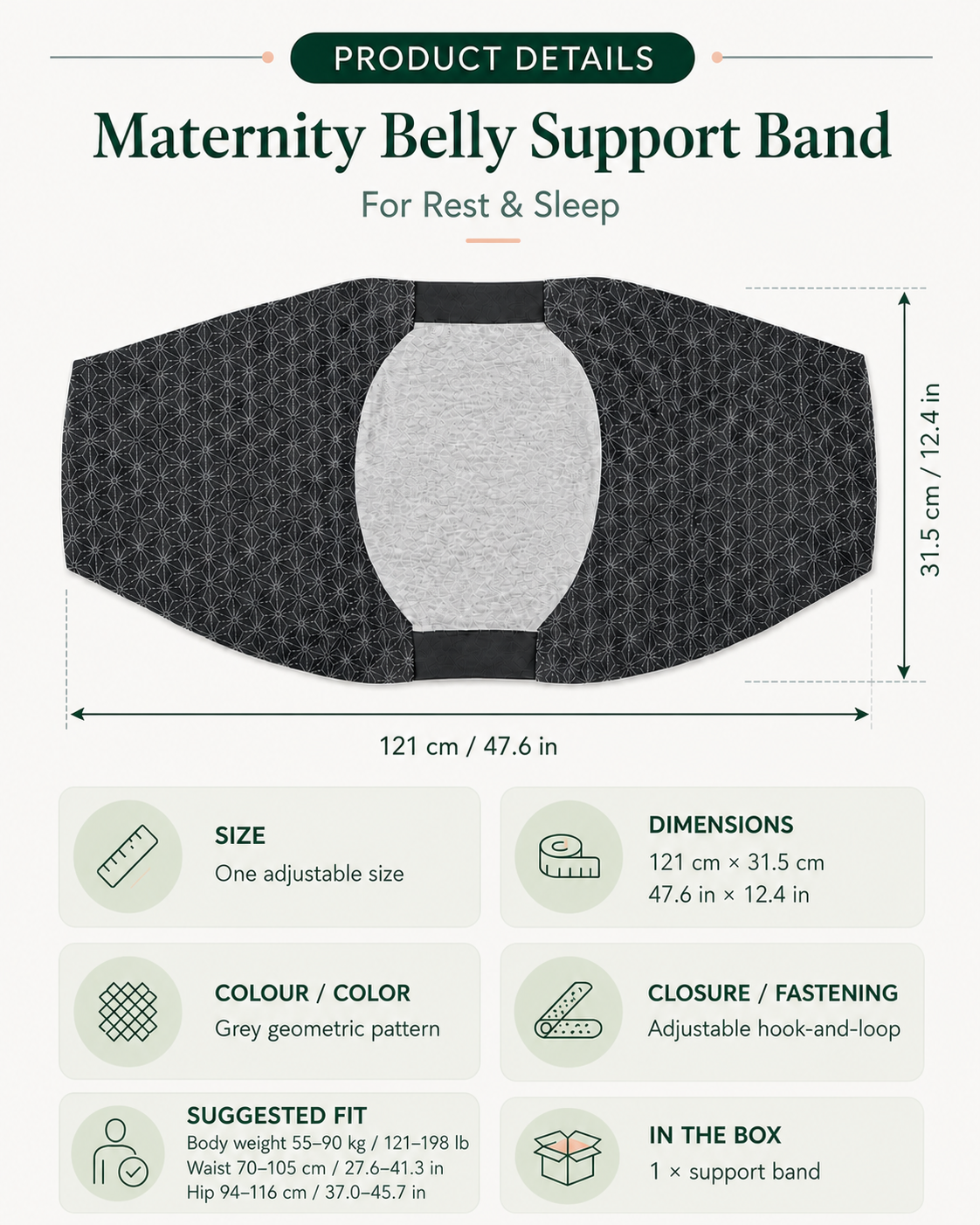 Maternity Belly Support Band sizing and comfort guide showing dimensions and suggested fit