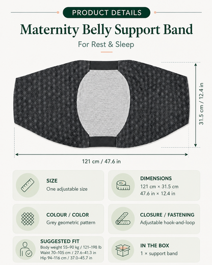 Maternity Belly Support Band sizing and comfort guide showing dimensions and suggested fit