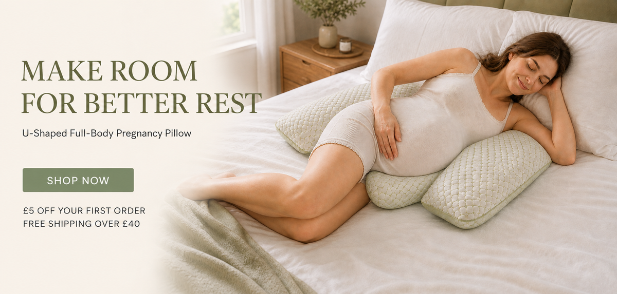 Posimint U-shaped full-body pregnancy pillow — desktop homepage banner