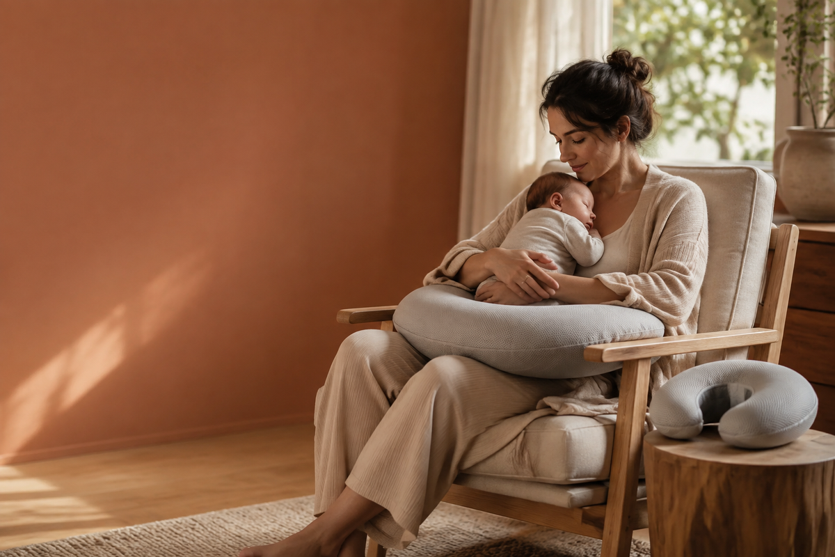New mother using a Posimint support pillow at home