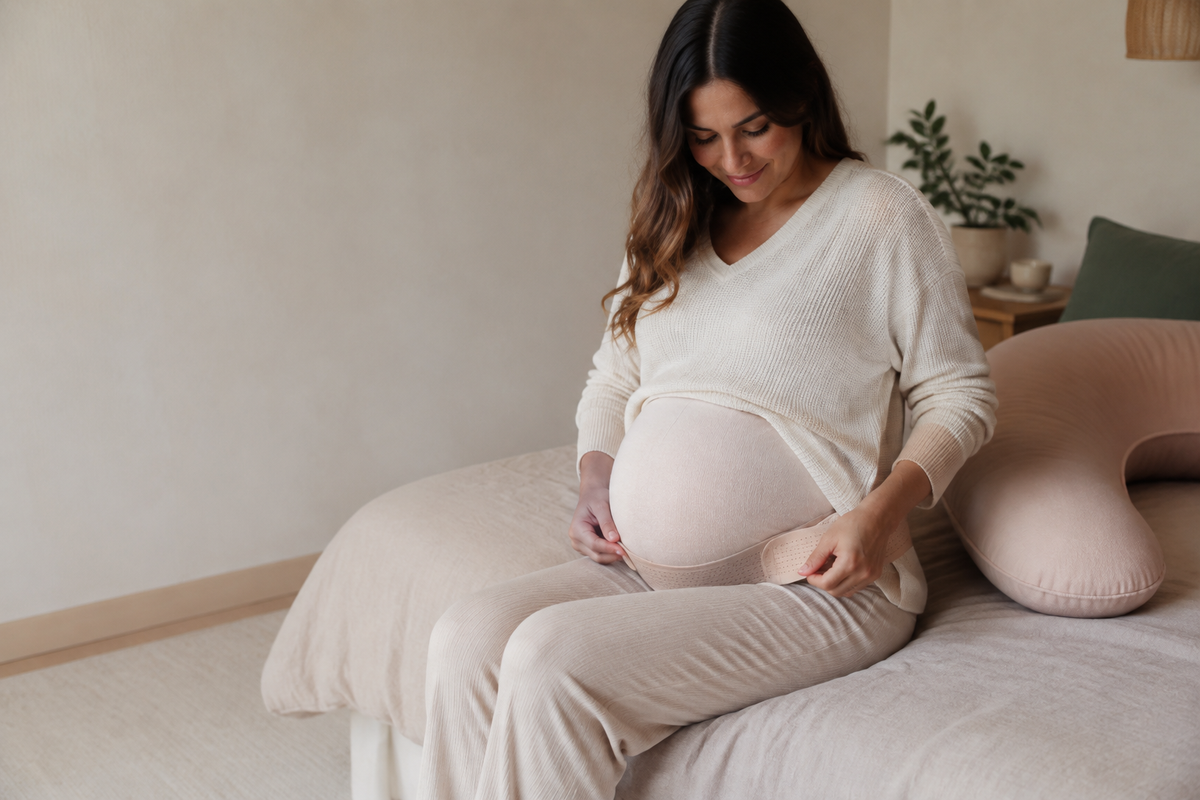 Pregnant woman using a Posimint maternity support belt at home