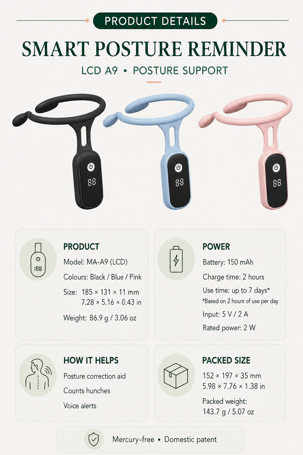 Smart Posture Reminder LCD A9 — product specifications and sizing