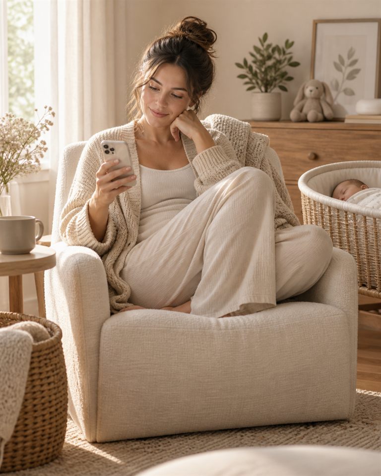 A new mother looking at her phone beside a sleeping baby